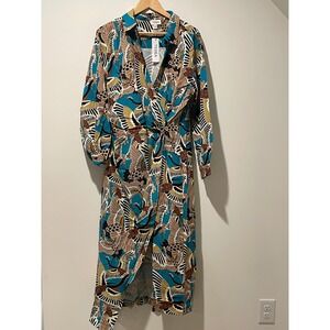 TEREA Andrea Pitter The Drop Enamel Blue Crane Print‎ XL Maxi Dress Shirt Collar